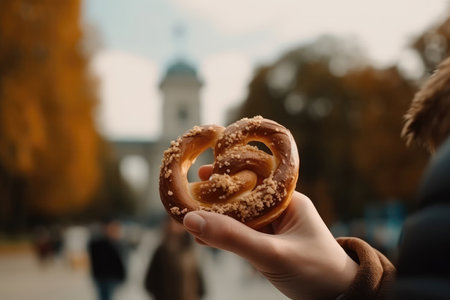 Pretzel In Hand, Closeup, In Front Of The Parkの素材