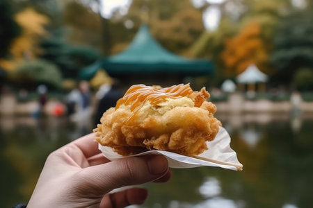 Tempura In Hand, Closeup, In Front Of The Parkの素材