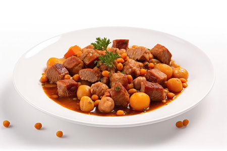 Cocido Madrileo On White Plate, On White Background. Spanish Dish. panorama bannerの素材