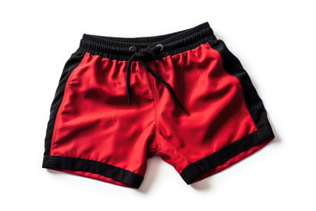 Red And Black Athletic Shorts For Boy On White Backgroundの素材