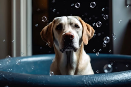 Excited Labrador Retriever Playing With Soap Bubbles In Tubの素材