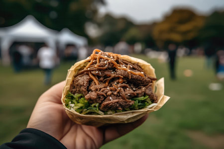 Bulgogi In Hand, Closeup, In Front Of The Parkの素材