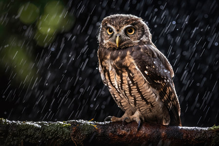Drenched Owl Perched On Tree Branchの素材