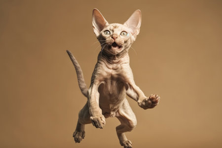 Happy Cheerful Cat Devon Rex In Jumping, In Flight On Light Brown Background Full Body, Wide Angle, Studio Photoの素材