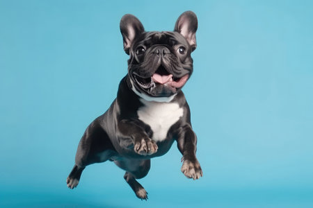 Very Happy Cheerful Dog French Bulldog In Jumping, In Flight On Light Blue Background Full Body, Wide Angle, Studio Photoの素材