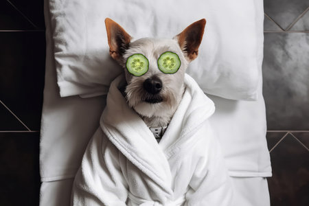 Relax White Dog With Cucumber Slices On His Eyes. Dog In White Bathrobe Lying On His Back At The Spaの素材