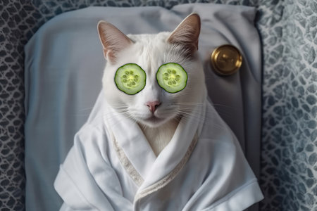 Relaxed White Cat With Cucumber Slides On His Eyes In White Bathrobe Lying On His Back At The Spaの素材