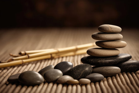 Zen Stones Balanced On Bamboo Sticks Against Sand Backgroundの素材