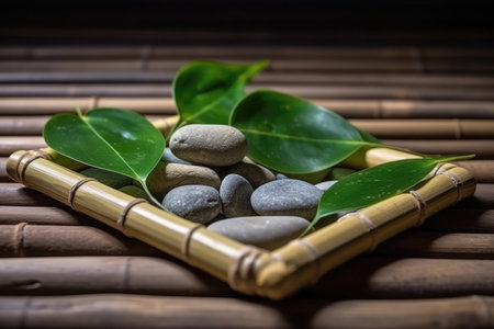 Green Leafy Plant On Bamboo Mat With Stonesの素材