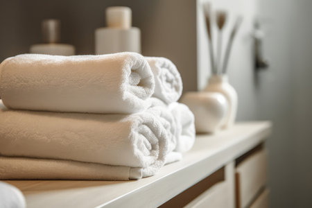 Fluffy White Towels Rolled Up On Spa Shelfの素材