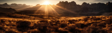 Golden Sun Setting Behind Majestic Mountain Peaks, Casting Long Shadows Across The Valley. Panoramic bannerの素材