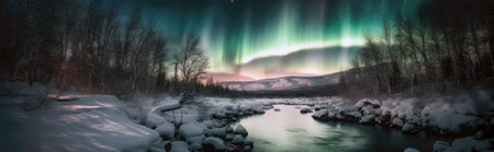 Mesmerizing View Of The Northern Lights Over Snowcovered Landscape With Frozen River And Trees. Panoramic Bannerの素材