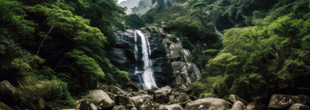 Waterfall Cascading Down Rocky Cliff, Surrounded By Dense Vegetation. Panoramic Bannerの素材
