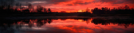 Vibrant Orange And Pink Sky Reflecting On Calm Lake, Creating A Mirrorlike Effect. Panoramic bannerの素材