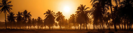 Warm, Golden Sun Setting Behind Grove Of Palm Trees On Tropical Island. Panoramic bannerの素材