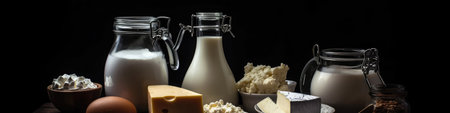 Dairy Products On Black Background. Panoramic bannerの素材