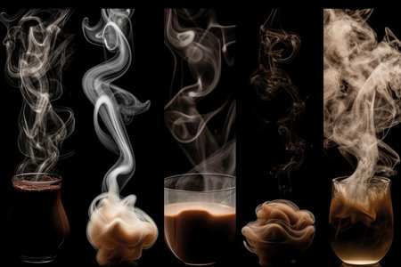 Set With Different Shapes Of Coffee Vapor On Black Backgroundの素材