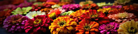 Beautiful Background Of Zinnias. Panoramic Bannerの素材
