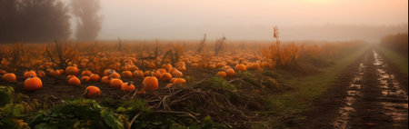 Foggy Morning In Pumpkin Patch Autumn Harvest Setting. Panoramic bannerの素材