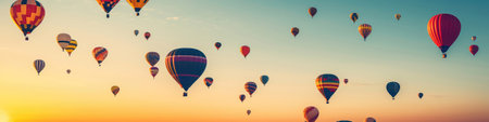 Colorful Hot Air Balloons In The Sky Summer Festival Atmosphere. Panoramic Bannerの素材
