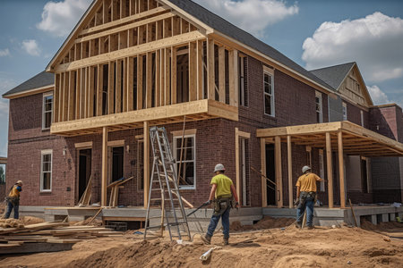 Workers Installing Windows And Doors On New Homeの素材