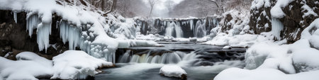 Frozen Waterfall With Snow And Ice Winter Cascade Scenery. Panoramic bannerの素材