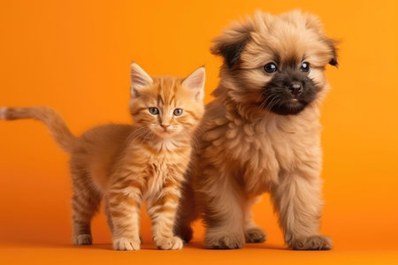 On Orange Background, Fluffy Puppy And Kitten Walk Together Closelyの素材