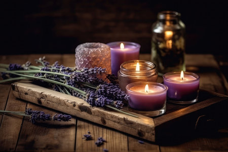 Soothing Lavender Oil And Candles On Wooden Surfaceの素材