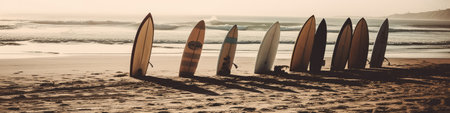 Surfboards On Sandy Beach Summer Surf Culture. Panoramic bannerの素材