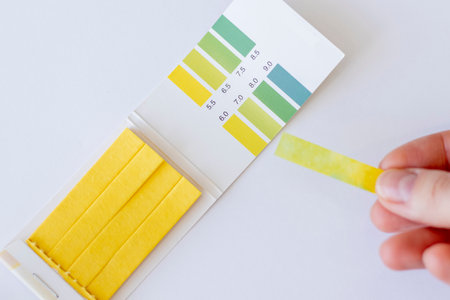 Test strips to measure Ph on a white background in a womans handの写真素材