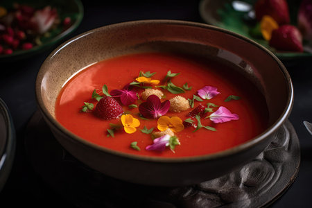 Bowl Of Nitrogeninfused Gazpacho With Chilled And Refreshing Tasteの素材