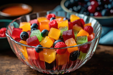 Bowl Of Fruit Salad Topped With Jelly Cubesの素材