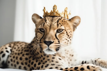 Beautiful Cheetah In Gold Crown On White Backgroundの素材