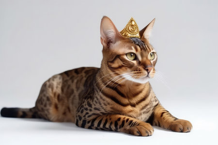 Beautiful Bengal Cat In Gold Crown On White Backgroundの素材