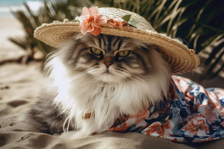 Fluffy Persian Cat Wearing Flowery Beach Hat And Beach Dress, Lounging On Beach Towelの素材