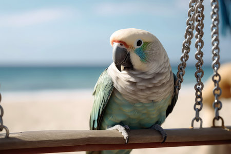 Pet Parakeet Perched On Swing, With Beach Backdrop Behind Itの素材