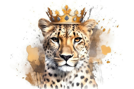 Beautiful Cheetah In Gold Crown On White Background. watercolorの素材