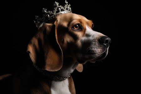 Beautiful Beagle Dog In Gold Crown On Matte Black Backgroundの素材