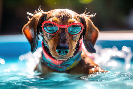 Playful Dachshund Wearing Swimming Goggles, Splashing In Kiddie Pool Filledの素材