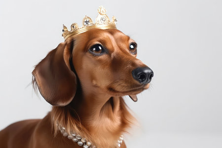 Beautiful Dachshund Dog In Gold Crown On White Backgroundの素材