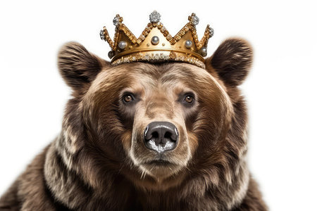 Beautiful Grizzly Bear In Gold Crown On White Backgroundの素材