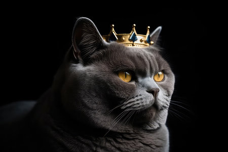 Beautiful British Shorthair Cat In Gold Crown On Matte Black Backgroundの素材
