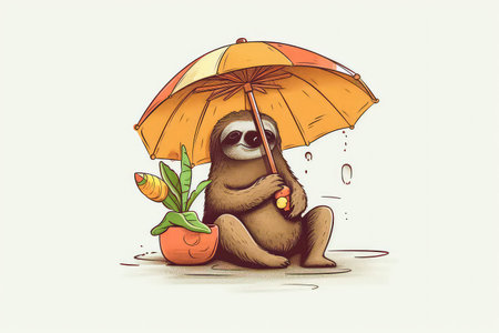 Sloth Hanging From Beach Umbrella, Wearing Beach Hat And Enjoyingの素材
