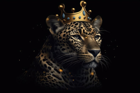 Leopard portrait with golden crown on black background. 3D renderingの素材