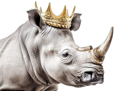 Beautiful White Rhinoceros In Gold Crown On White Backgroundの素材