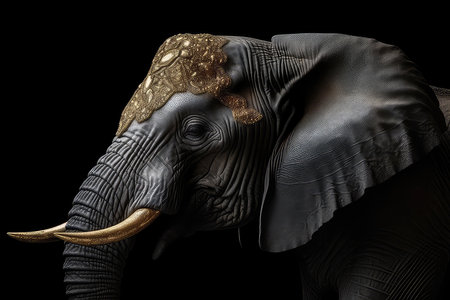 Beautiful African Elephant In Gold Crown On Matte Black Backgroundの素材