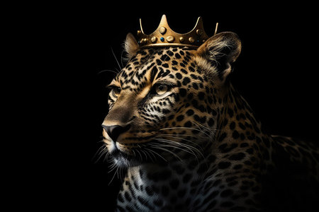 Beautiful Leopard In Gold Crown On Matte Black Backgroundの素材