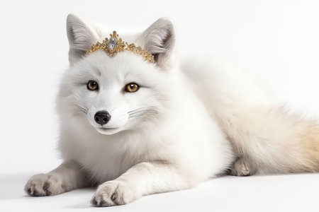Portrait of a beautiful white fox in a crown on a white backgroundの素材