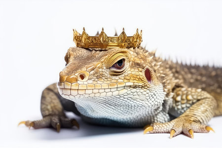 Beautiful Reptile In Gold Crown On White Backgroundの素材