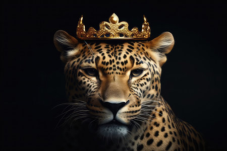 Beautiful Jaguar In Gold Crown On Matte Black Backgroundの素材